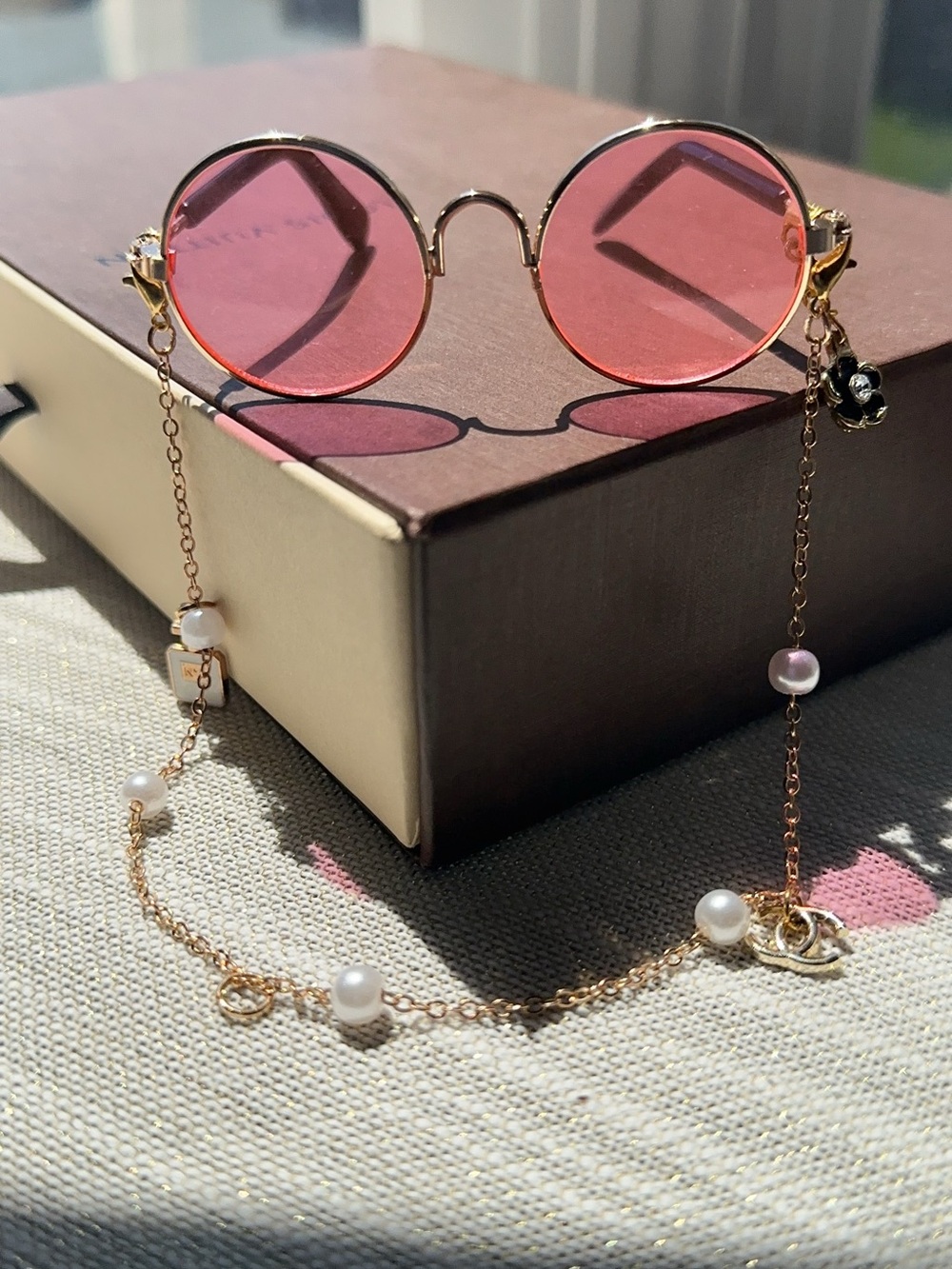 Mini Gold Pink Sunglasses Bag Charm with ChanelCC style Pearl Chain bracelet